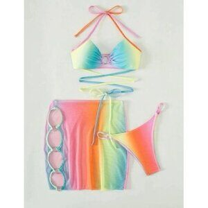 Multicolor Ombre Lace Up Bikini Swimsuit With Beach Skirt